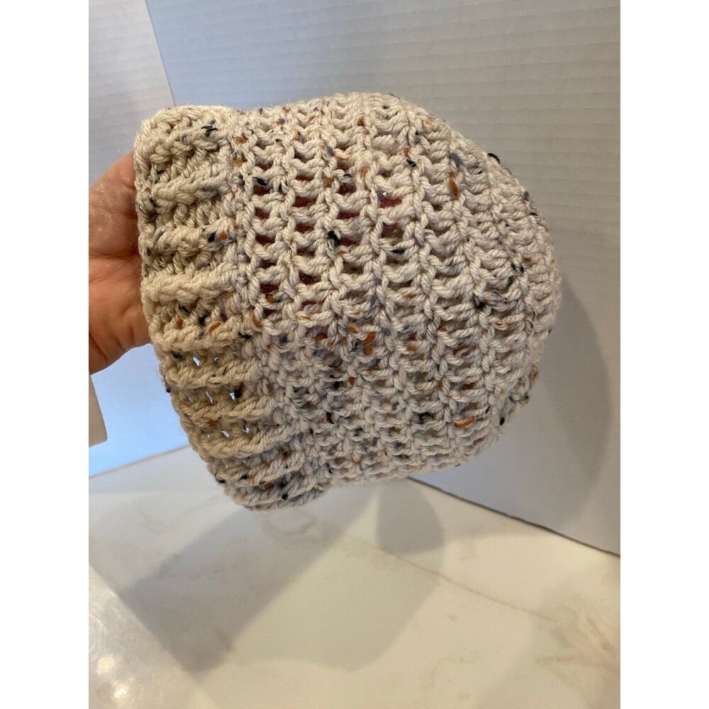 Hand Knitted Cozy Small Beanie Boho Hat Tan Variegated Yarn Thick &‎ Warm